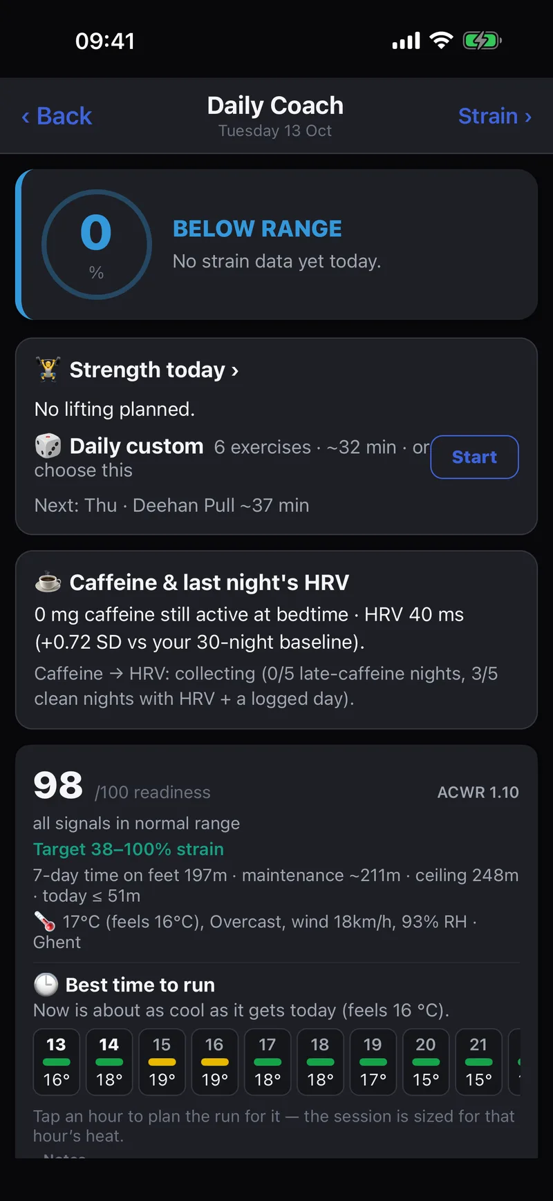 Daily Coach: readiness score, target strain, today’s strength and the best-time-to-run forecast strip