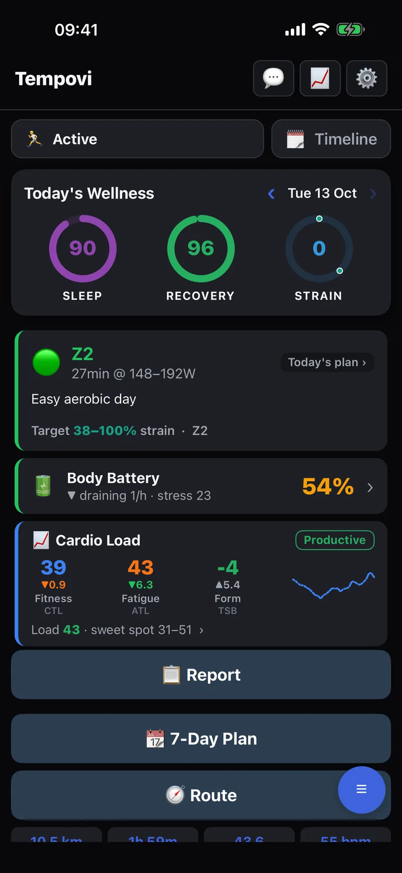 Tempovi home screen with sleep, recovery and strain rings, today’s plan and Body Battery