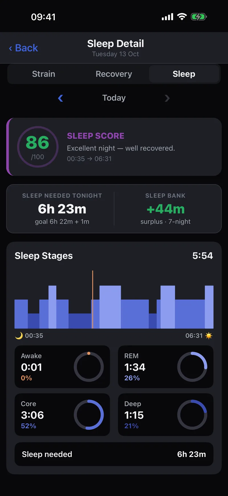 Sleep detail: sleep score, sleep needed tonight, sleep bank and sleep stages