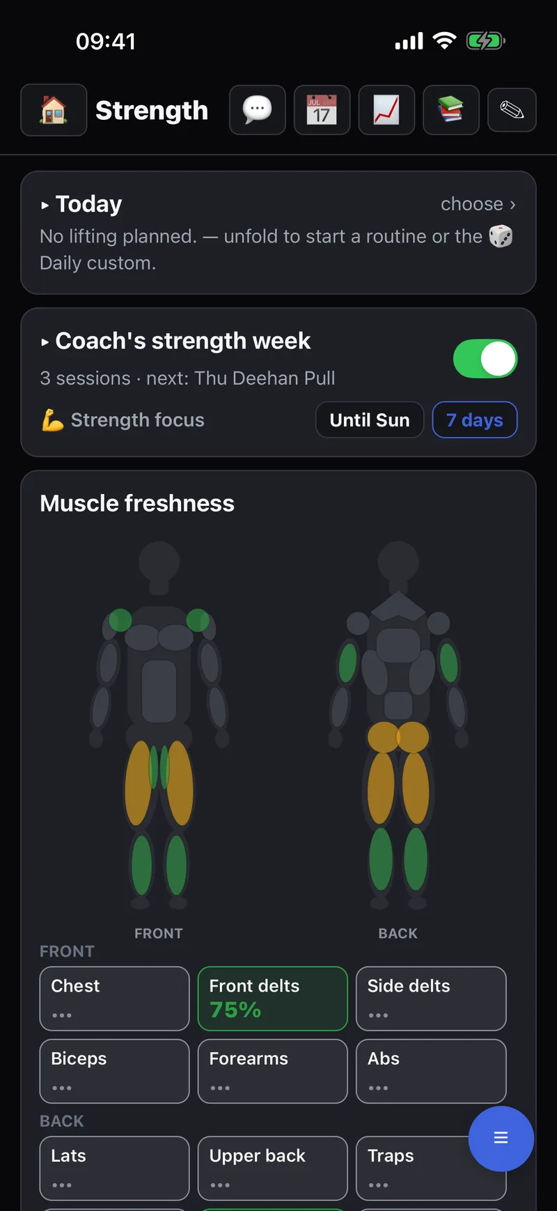 Strength: today’s routine, the coach’s strength week and the muscle freshness map